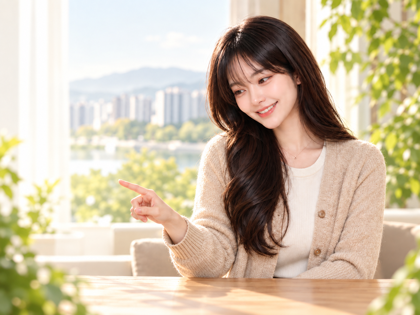 가을 가디건을 입고 아파트 찾기를 안내하는 AI 모델